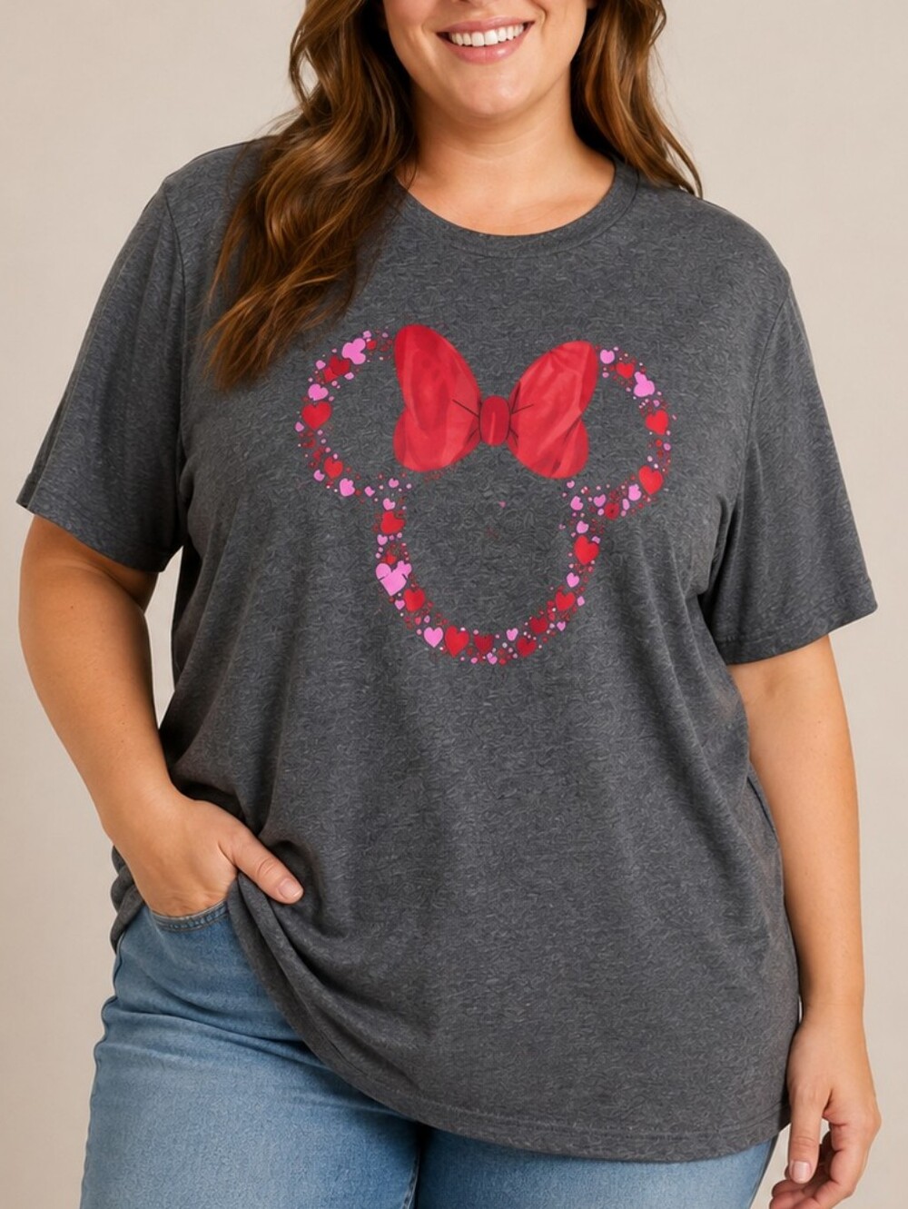 Minnie Mouse Hearts Tee Gray Women XL Disney Valentine Graphic Theme Park Style